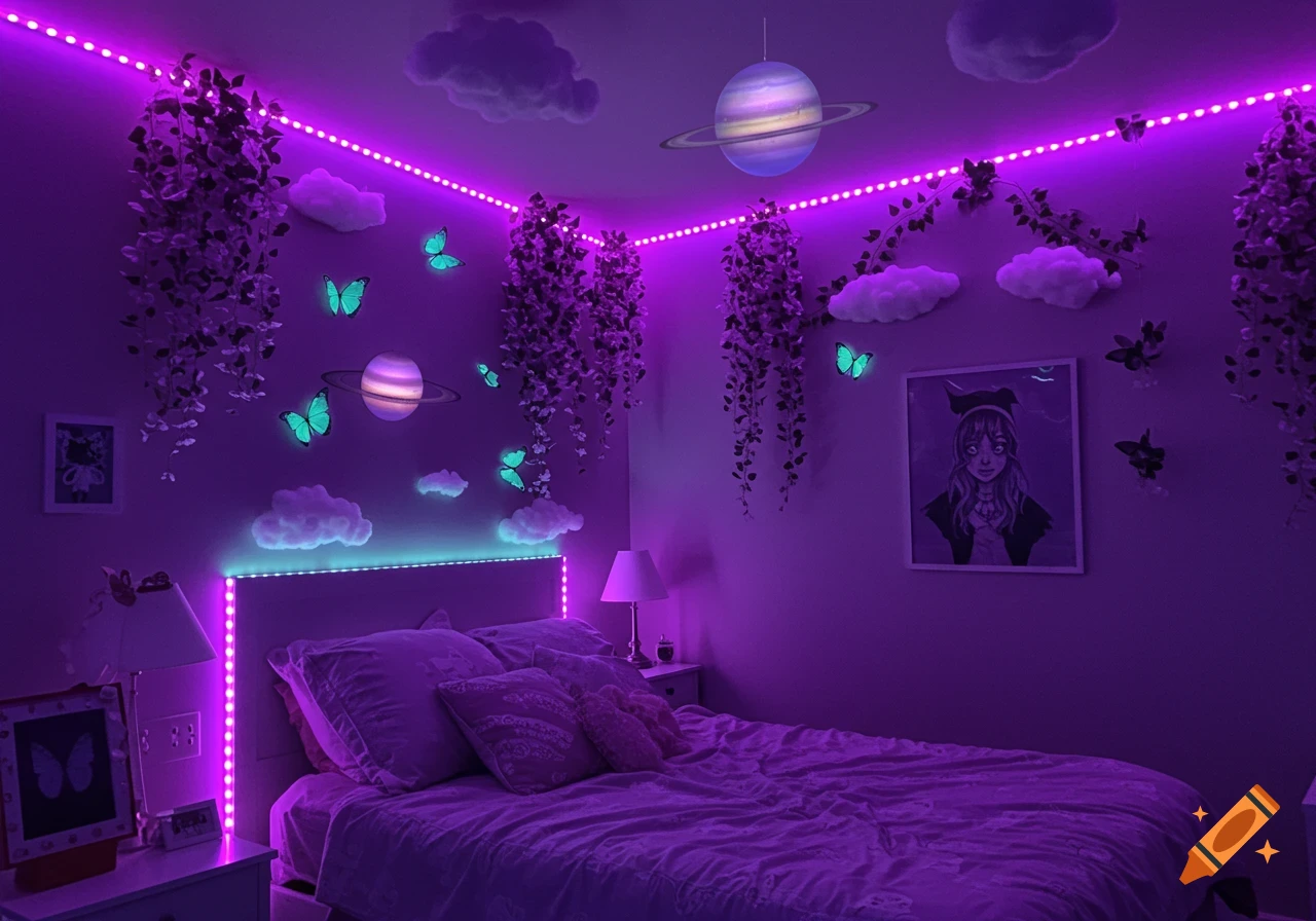 A purple bedroom decorated with purple LED lights, fake vines, glowing butterflies, cloud wall decorations, and hanging planets.