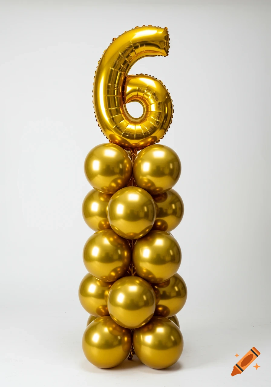 A column of shiny gold balloons topped with a large gold foil balloon in the shape of the number 6.