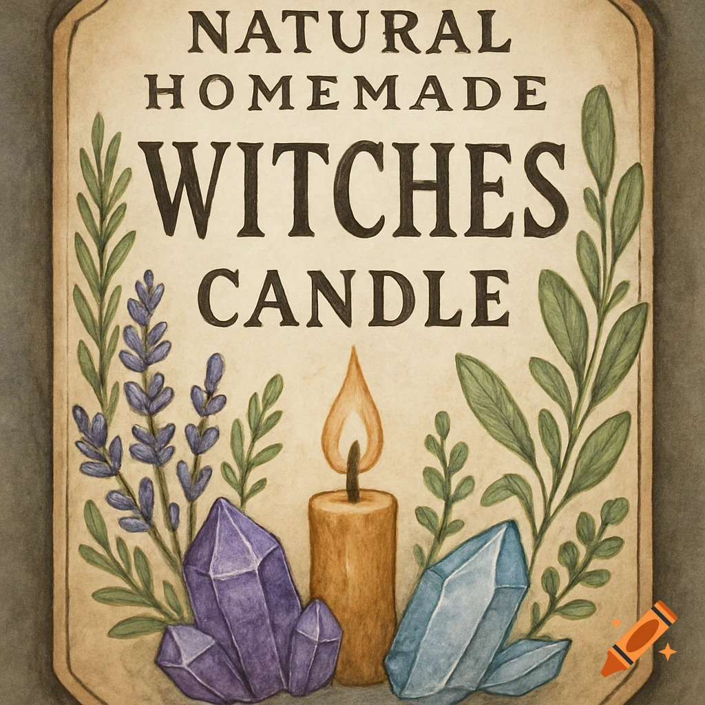 Illustration of a candle label with text, herbs, crystals, and a burning candle.