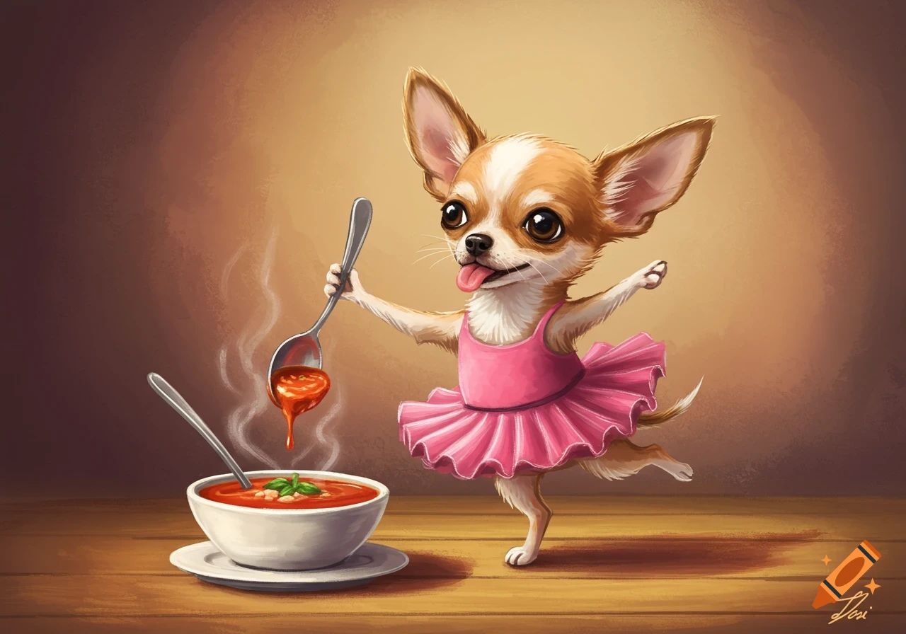 An illustration of a chihuahua in a pink tutu dancing while holding a spoon of soup over a bowl.