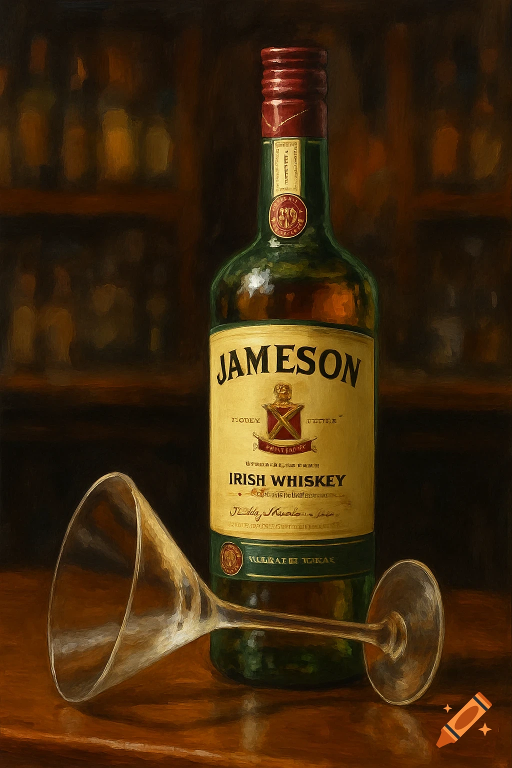 Still life painting of a Jameson Irish whiskey bottle and a martini glass on a wooden bar.