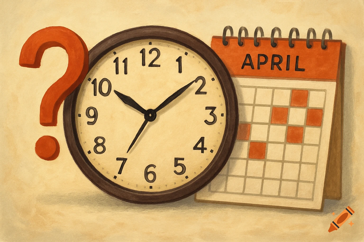 A red question mark stands beside a clock showing 10:10 and an April calendar, in a painting style.
