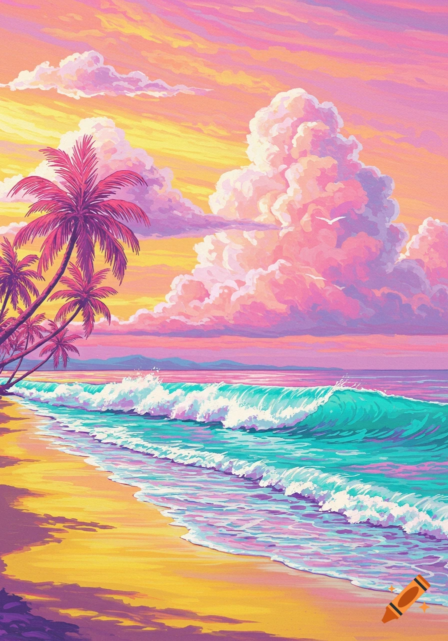 Vibrant airbrushed beach scene with pink palm trees, turquoise waves, and colorful sky.