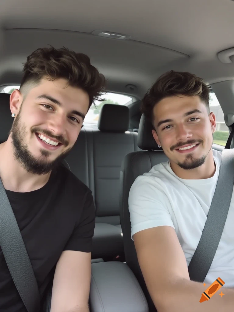 Two young men smiling for a selfie while sitting in a car