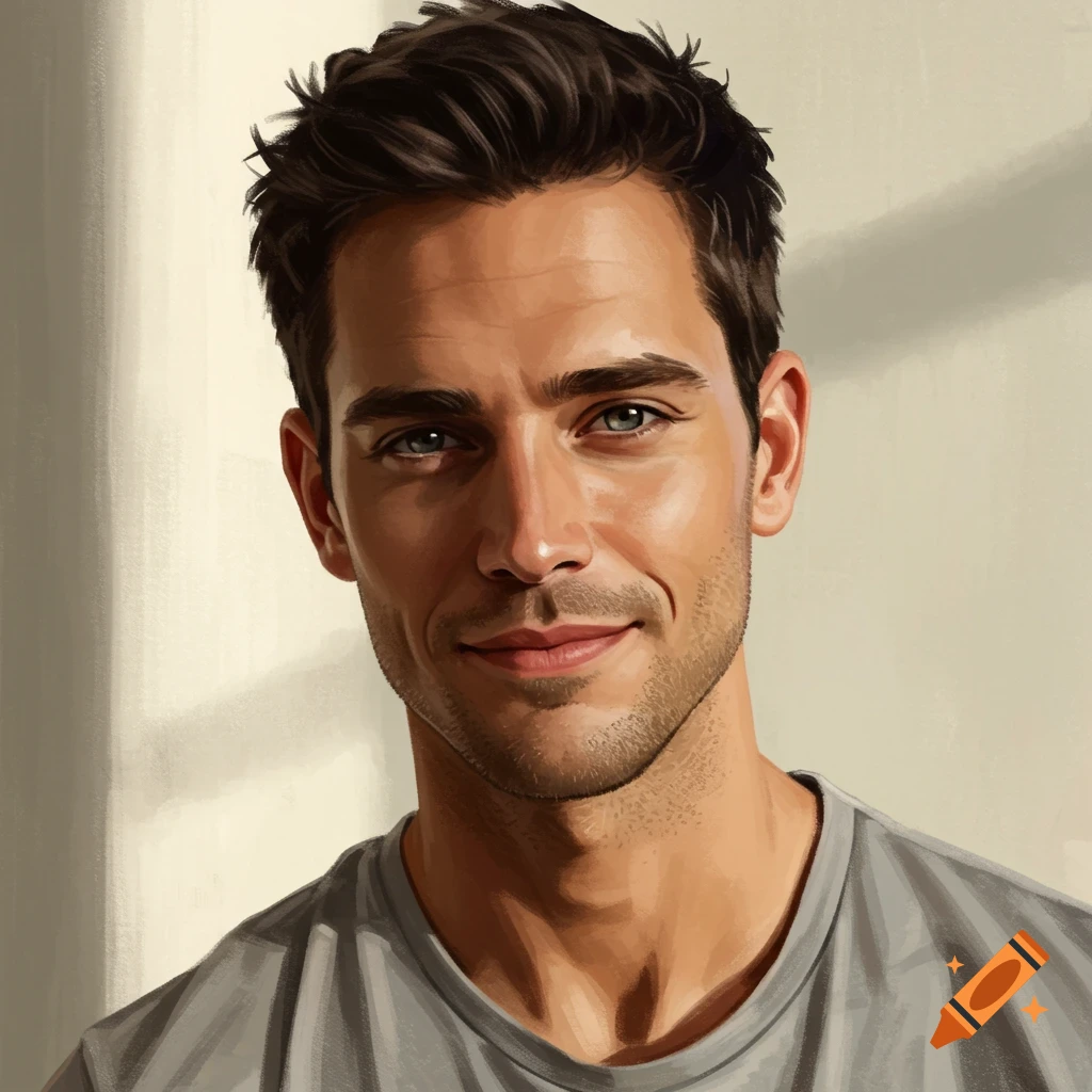 Close-up illustrated portrait of a man with brown hair smiling slightly
