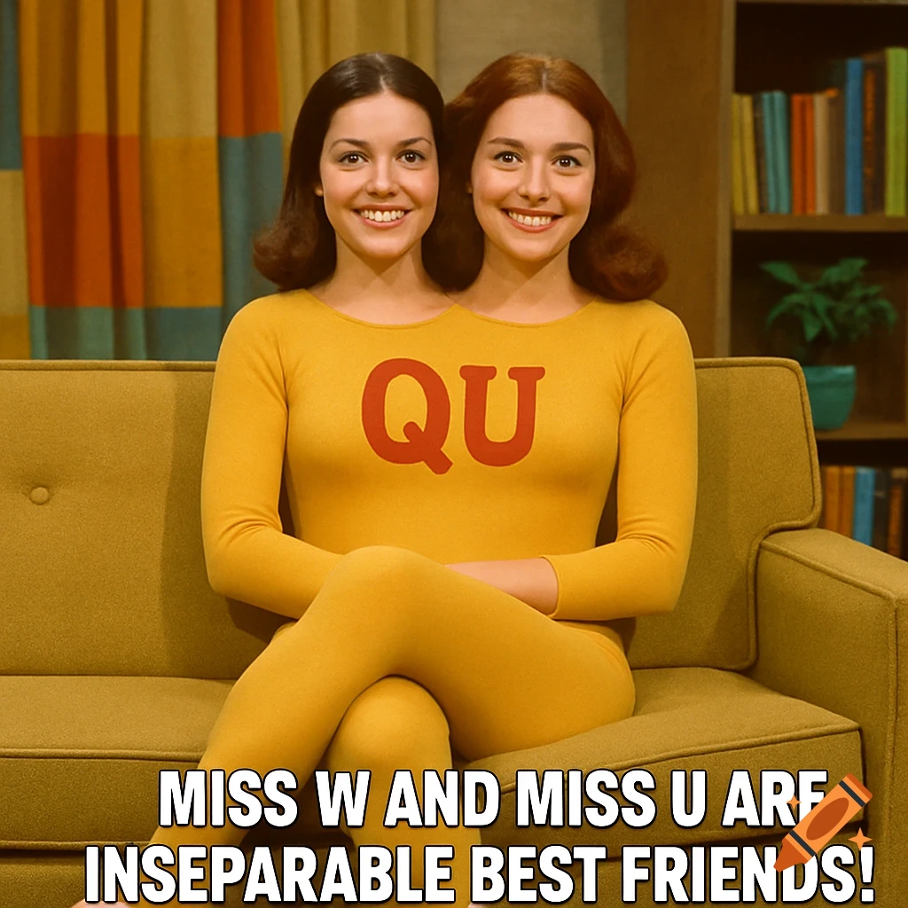 Two women sharing a body illusion sit on a couch wearing a yellow leotard with 'QU' in a 1970s setting.