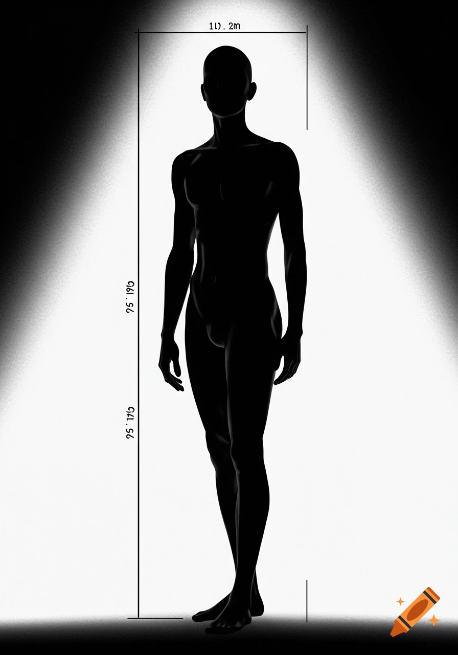 Black silhouette of a standing human figure with measurement lines and numbers on a black and white background.