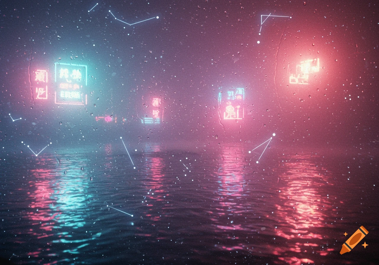 A futuristic cityscape with neon signs reflected in rain-slicked water, seen through a rainy window. Constellations dot the hazy sky.