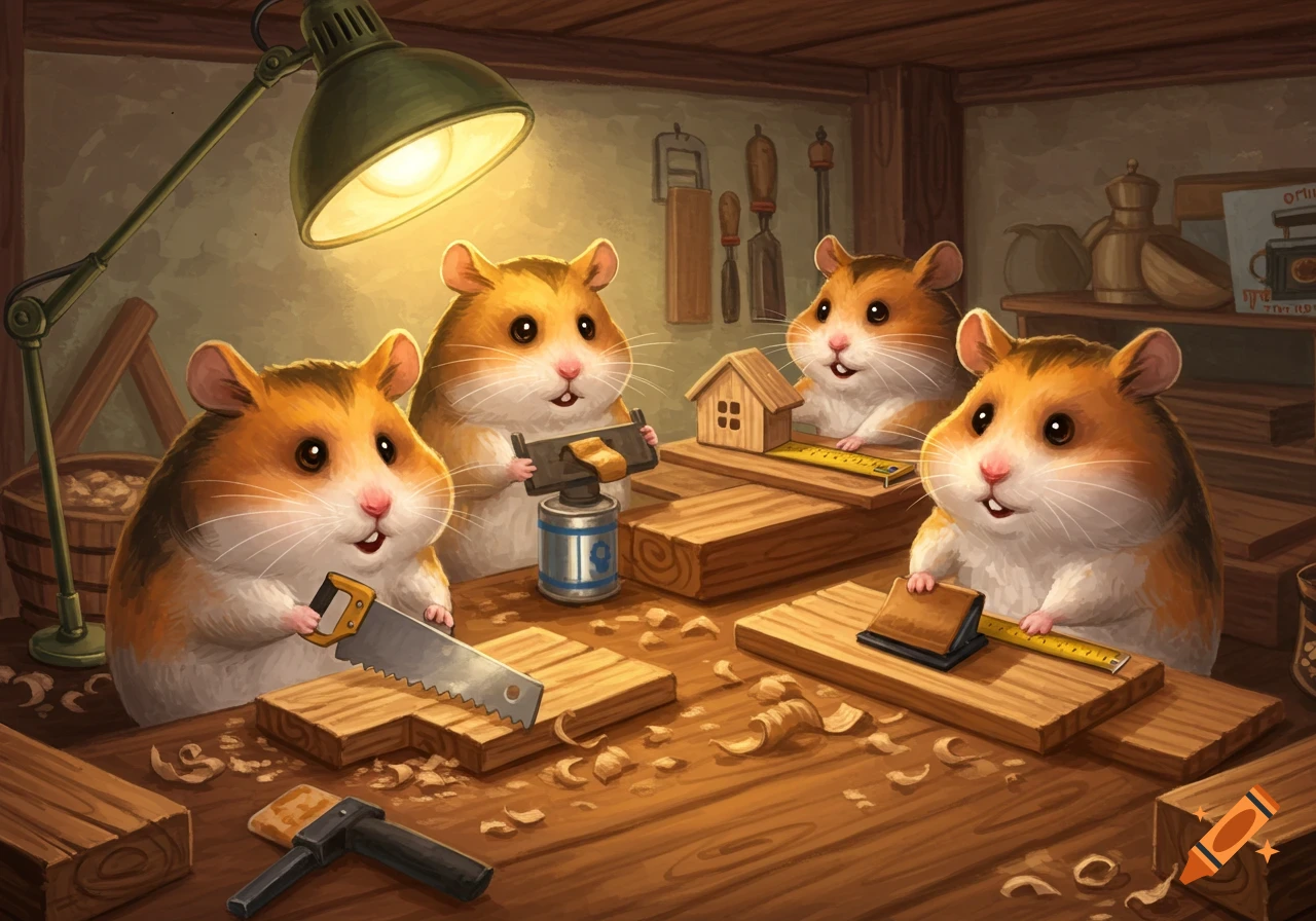 Four cute hamsters in a workshop doing woodworking, sawing wood and building a small house.