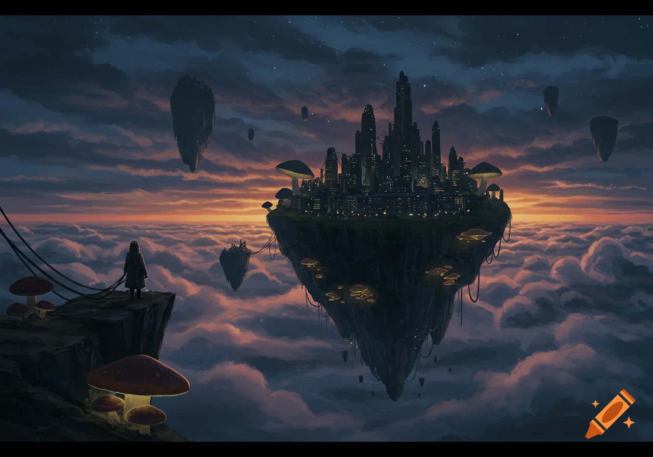 Figure on a floating island looks towards a dark city lit by mushrooms on another island, surrounded by clouds and floating rocks at sunset.