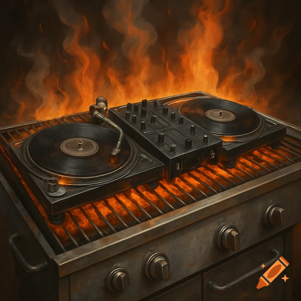 Turntables and a DJ mixer on a hot grill with flames, painted style.