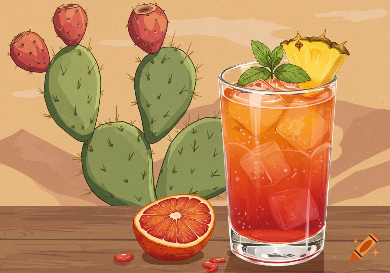 Illustration of a cocktail with pineapple garnish, prickly pear cactus, and blood orange on a table in the desert.