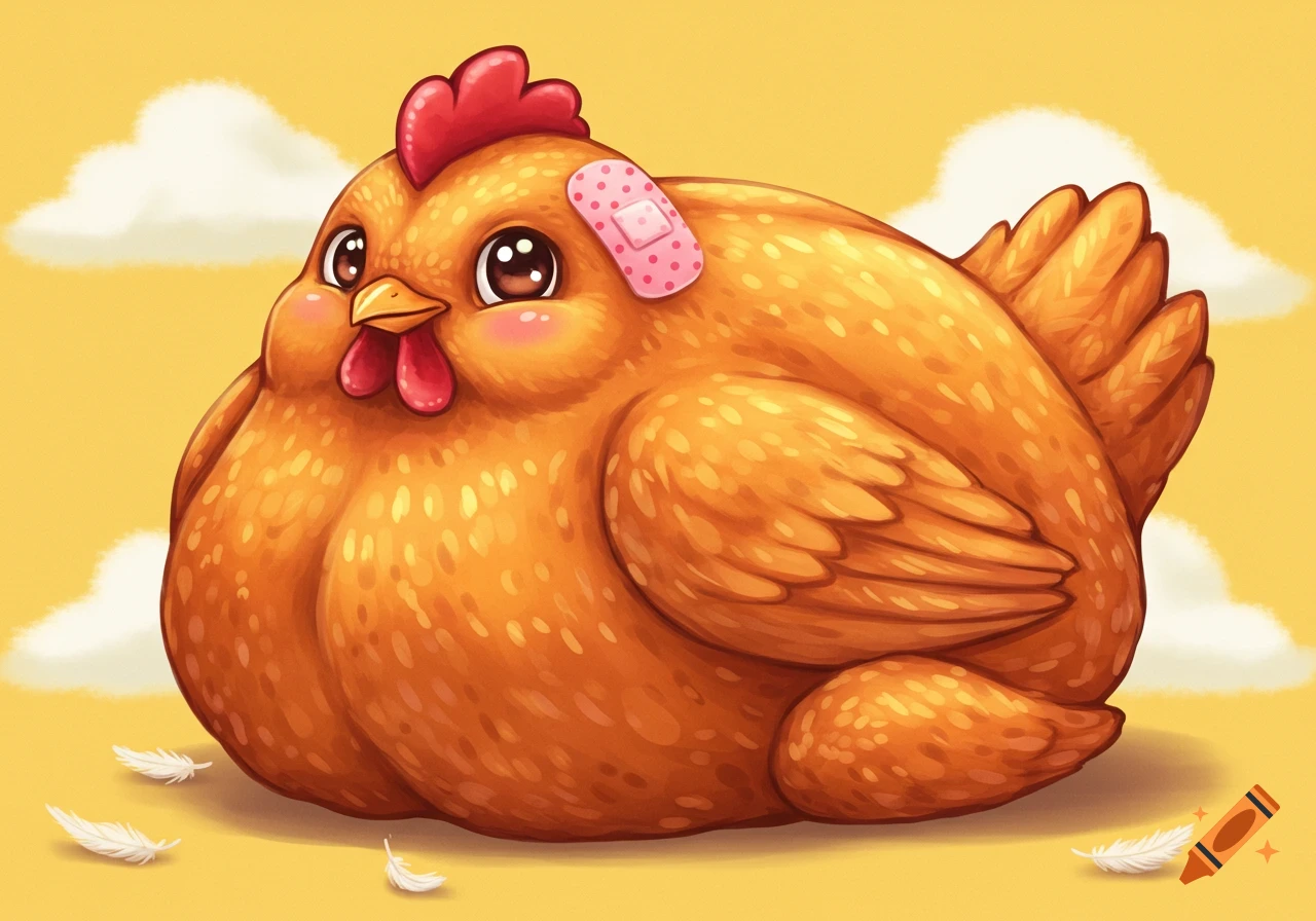Cute cartoon chicken with a band-aid lying down