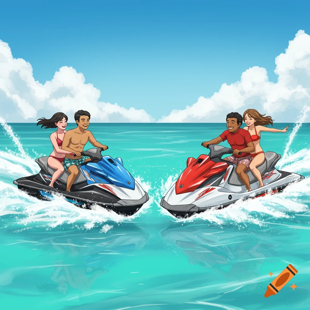 Cartoon illustration of two couples riding jet skis on a sunny ocean.