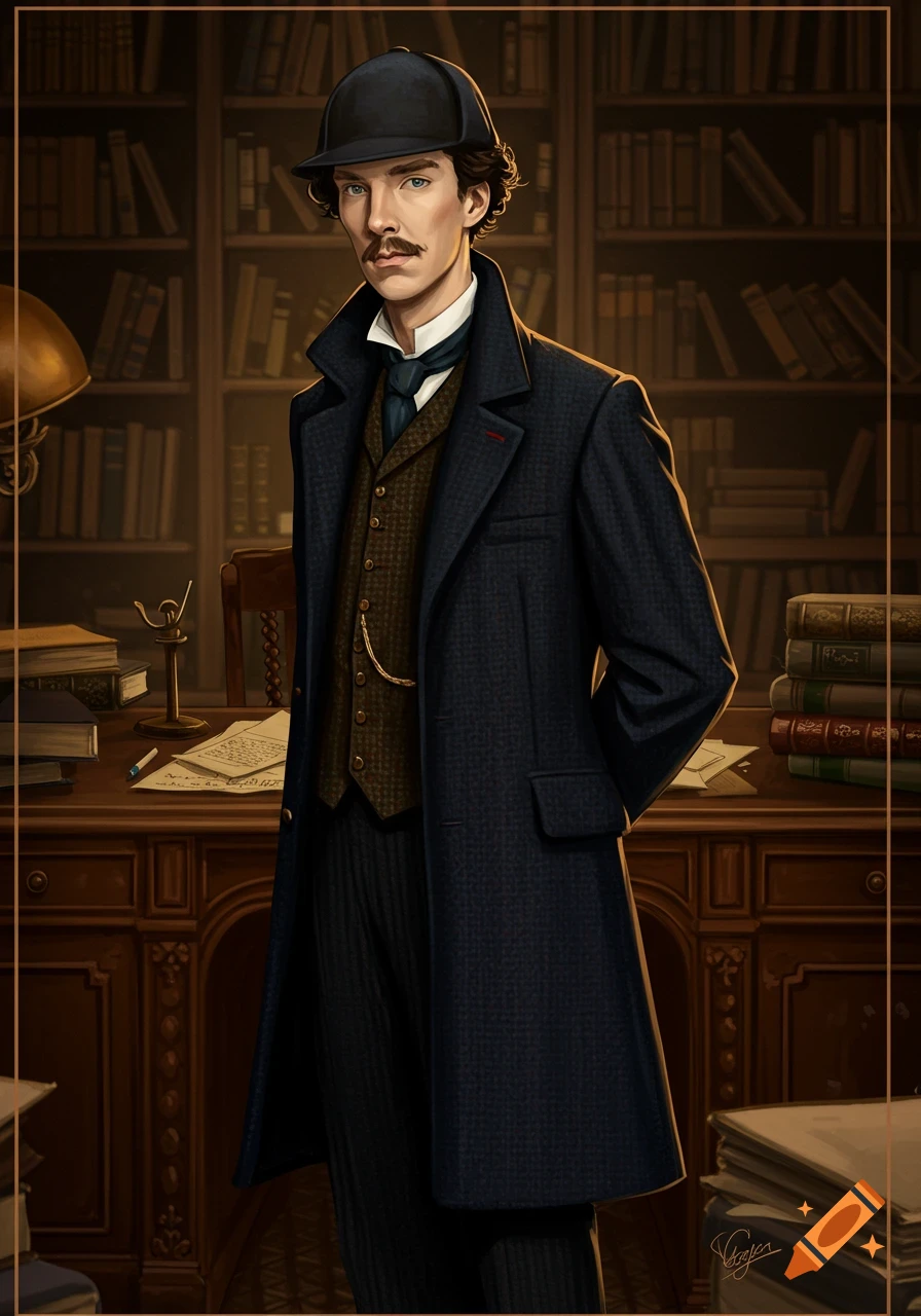 Illustration of a man in a deerstalker hat and long coat standing in a library, resembling Sherlock Holmes.