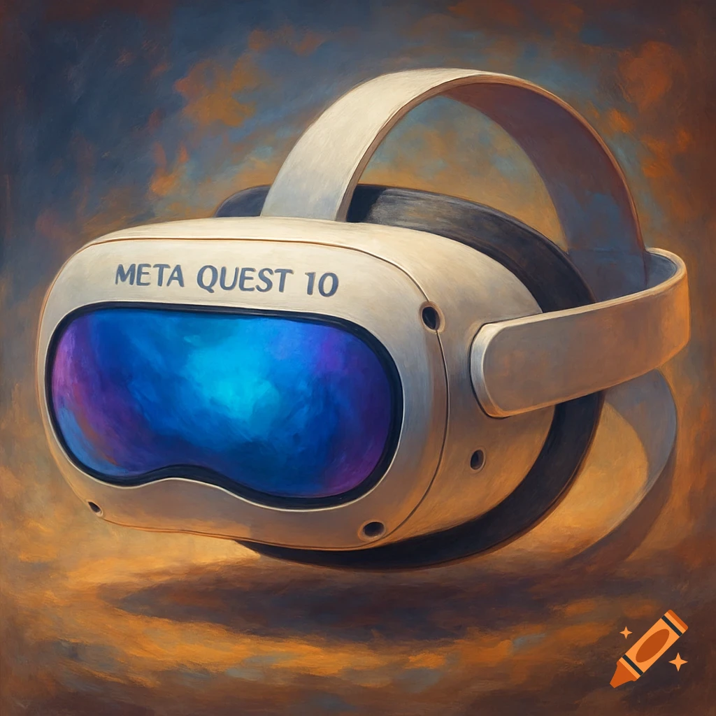 A painting of a white and black VR headset labeled 'META QUEST 10' against an abstract orange and blue background.