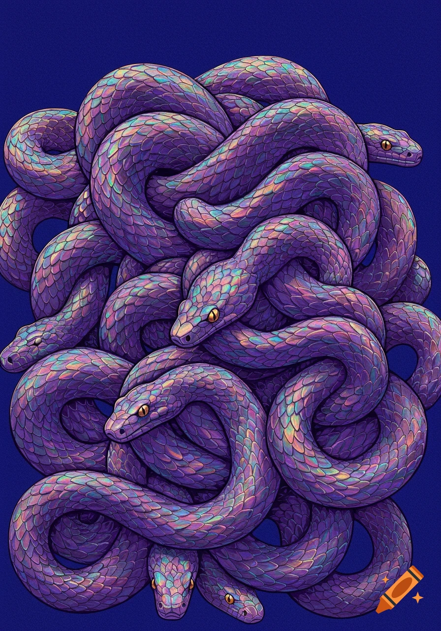 Coiled purple snakes with iridescent scales against a dark blue background.