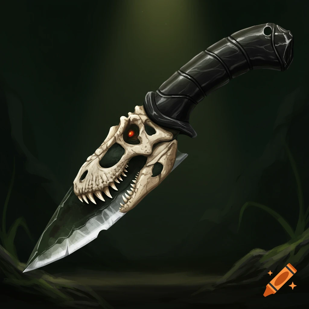 A stylized knife with a handle and guard shaped like a dinosaur skull with red eyes.