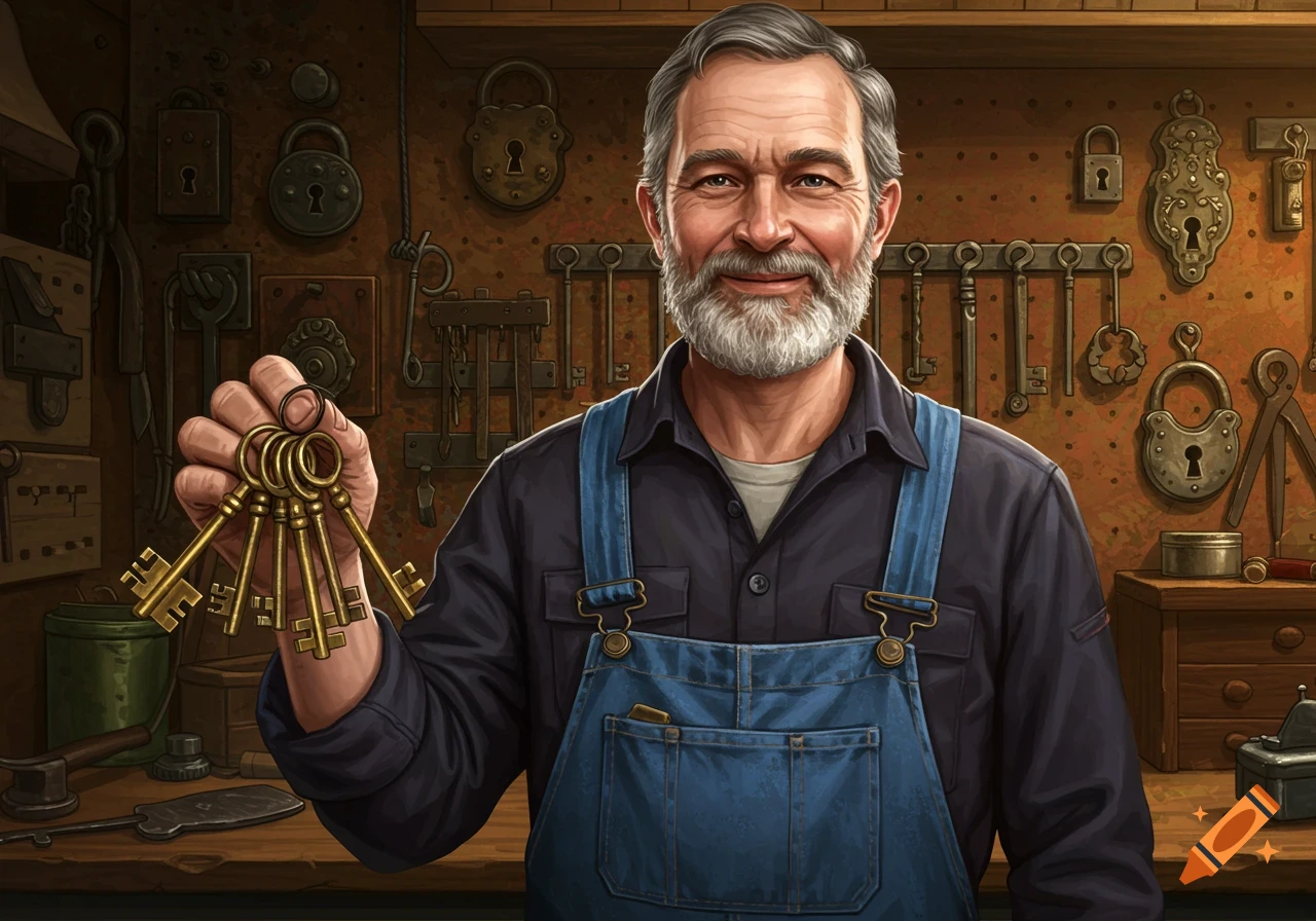 A smiling locksmith holds a bunch of golden keys in his workshop, surrounded by locks and tools.