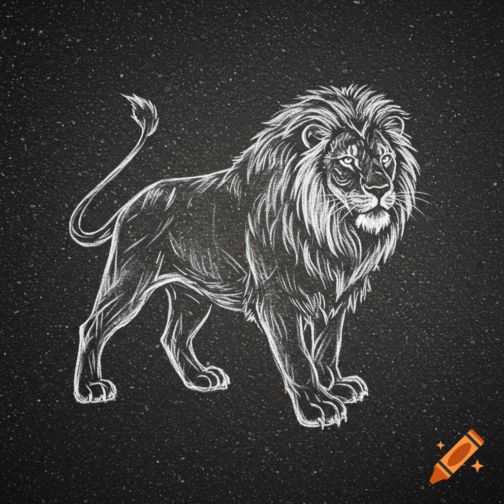 A chalk outline drawing of a standing lion on a black surface.