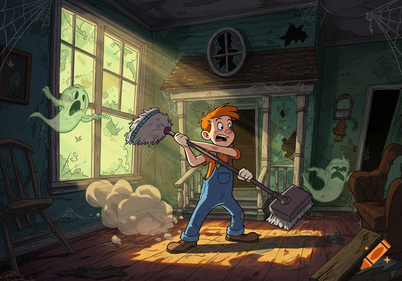 Cartoon boy fighting ghosts with a mop in a dusty, haunted house.