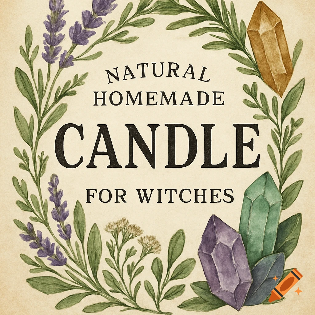 Watercolor illustration of a candle label with herbs, crystals, and text 'Natural Homemade Candle For Witches'