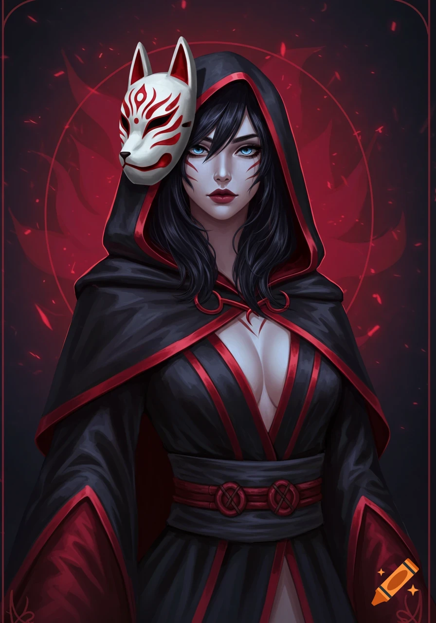 Digital painting of a woman in a black and red hooded robe with a kitsune mask on her forehead.