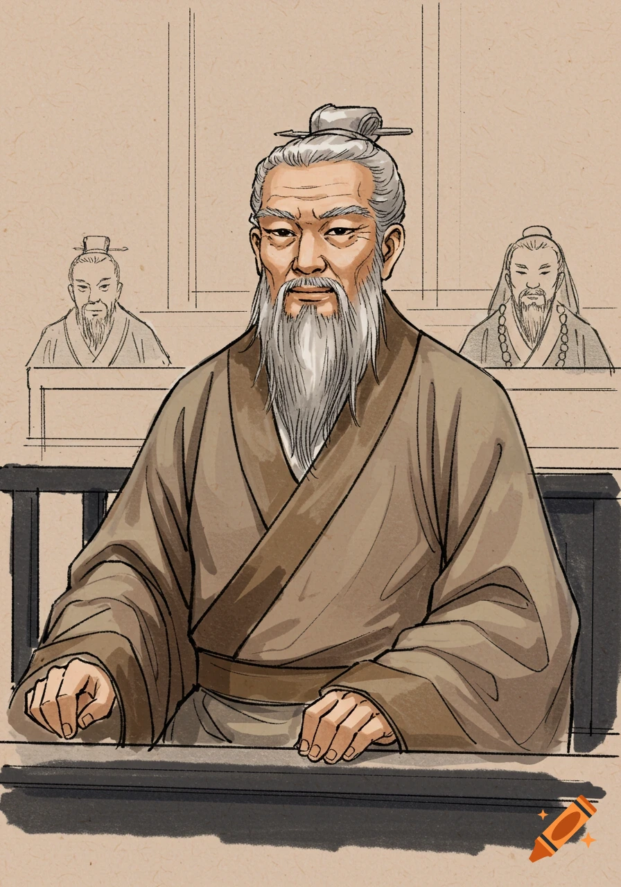 A sketch-style illustration of an old man with a long white beard, wearing traditional brown robes, sitting. Two other figures are faintly sketched in the background.