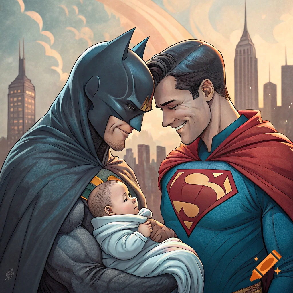 Batman and Superman hold a baby in front of a cityscape
