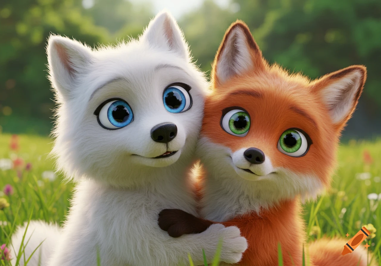 Cute cartoon wolf and fox hugging in a field on Craiyon