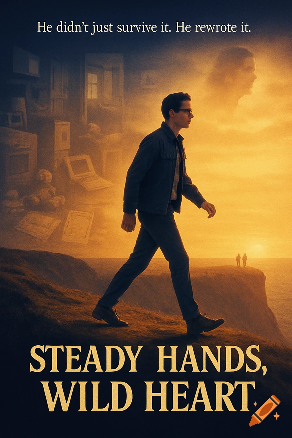 Movie poster titled "STEADY HANDS, WILD HEART". A man walks along a cliff edge at sunset. Blurred symbols of the past are behind him, and figures wait ahead. Text above reads: "He didn't just survive it. He rewrote it."