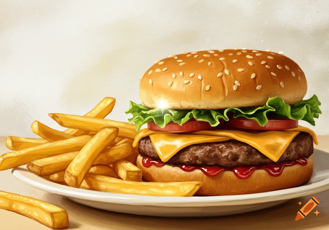 A cheeseburger with lettuce and tomato next to a pile of french fries on a plate, in a stylized illustration.