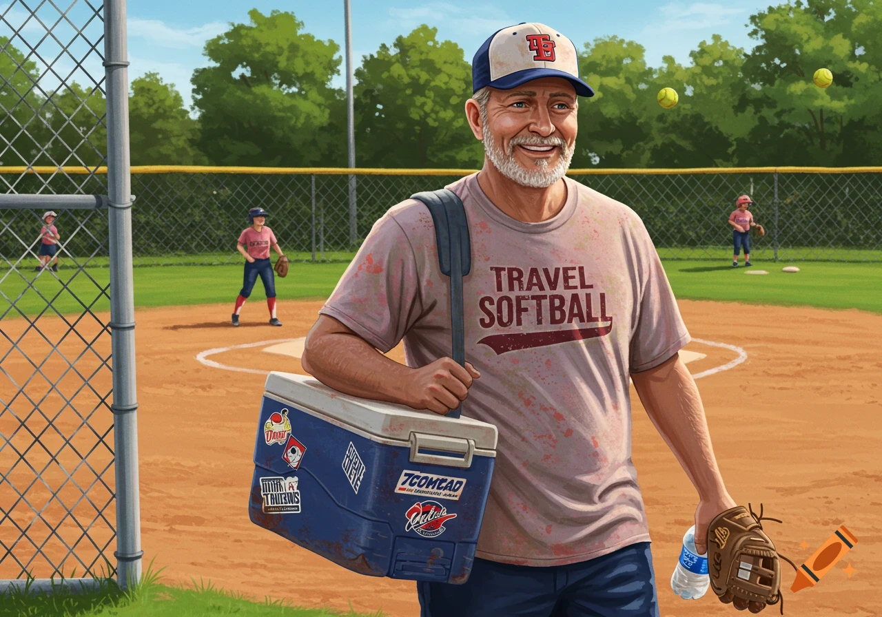 A smiling man holds a cooler and glove on a softball field with players in the background.