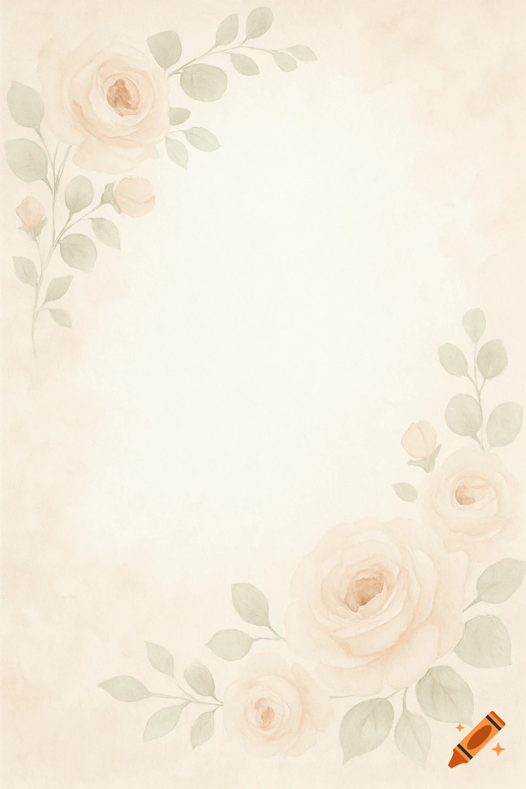 Soft watercolor floral background with roses and leaves in the corners on a light beige paper texture.