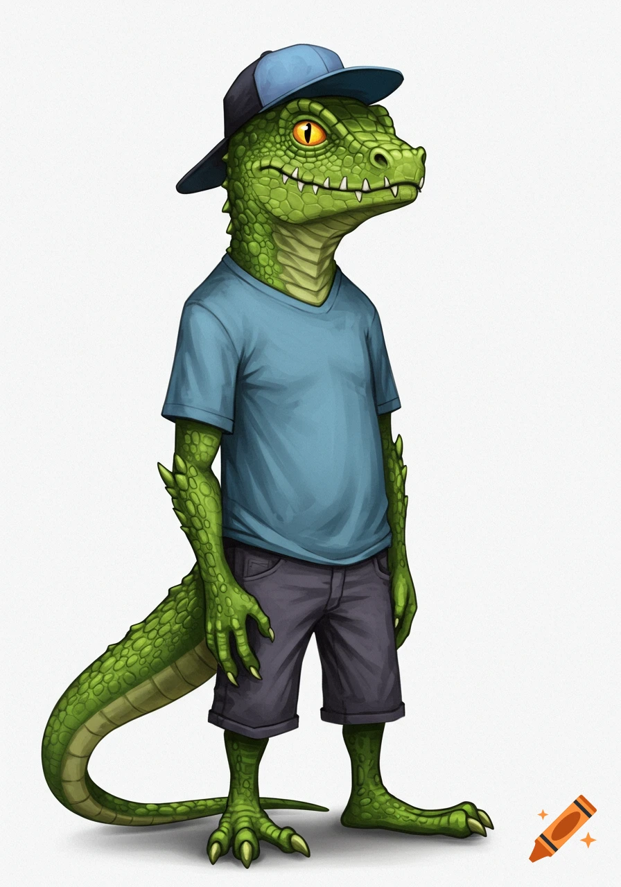 Cartoon humanoid lizard in a blue shirt and baseball cap.