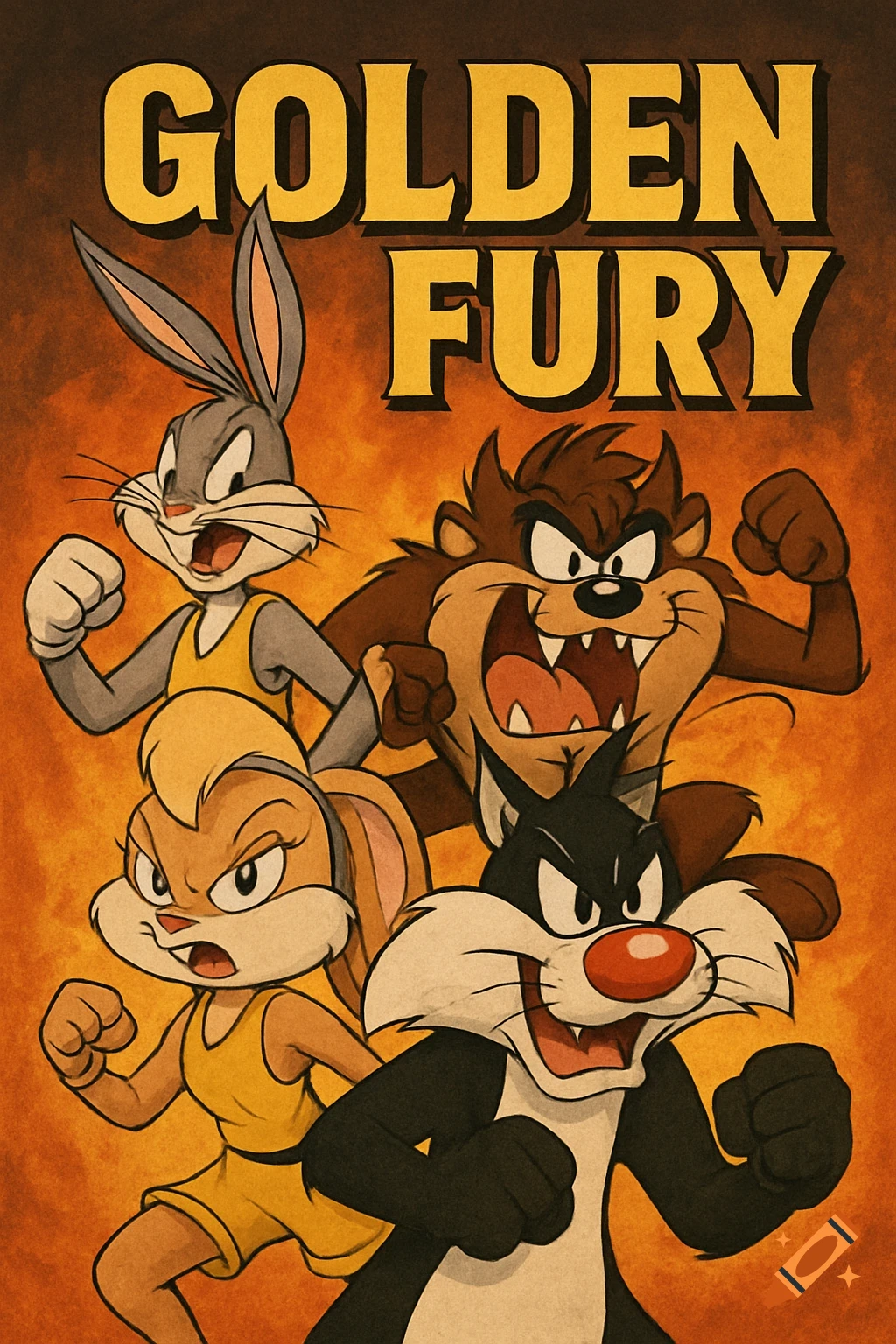 Looney Tunes characters Bugs Bunny, Taz, Lola Bunny, and Sylvester the Cat in a gritty cartoon style with 'GOLDEN FURY' text above.