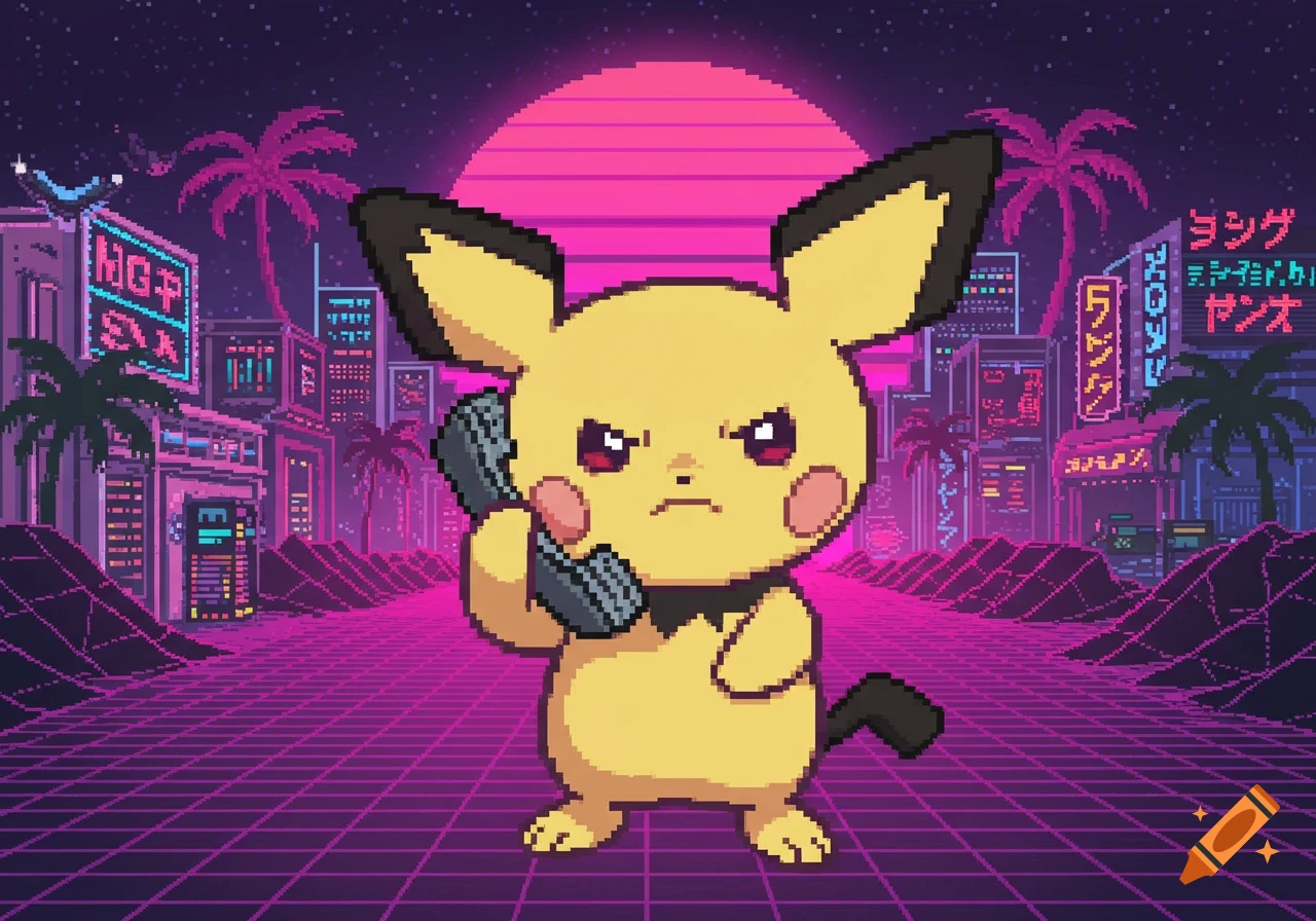 Pixel art Pichu looks angry on a phone in a vaporwave city.