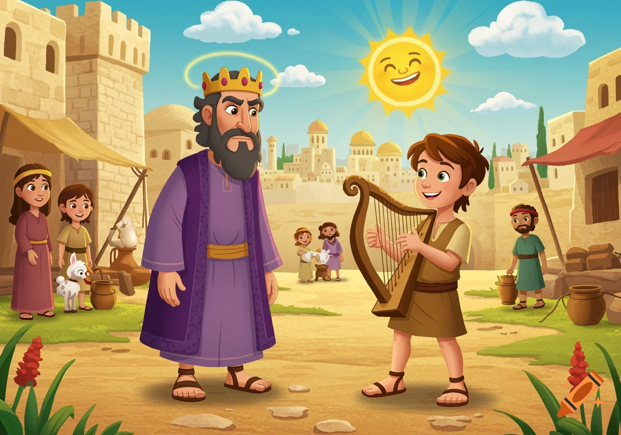 A young boy plays a harp for a king in a cartoon style.