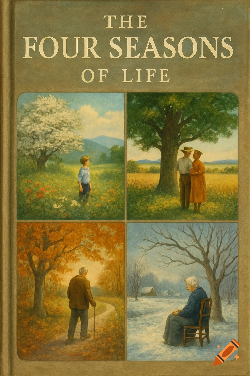 Book cover showing four panels: spring with a child, summer with a couple, autumn with an older man, and winter with an elderly person, representing the seasons of life.