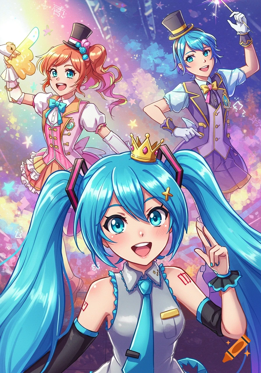 Anime illustration of Hatsune Miku and two other characters in stage costumes celebrating.