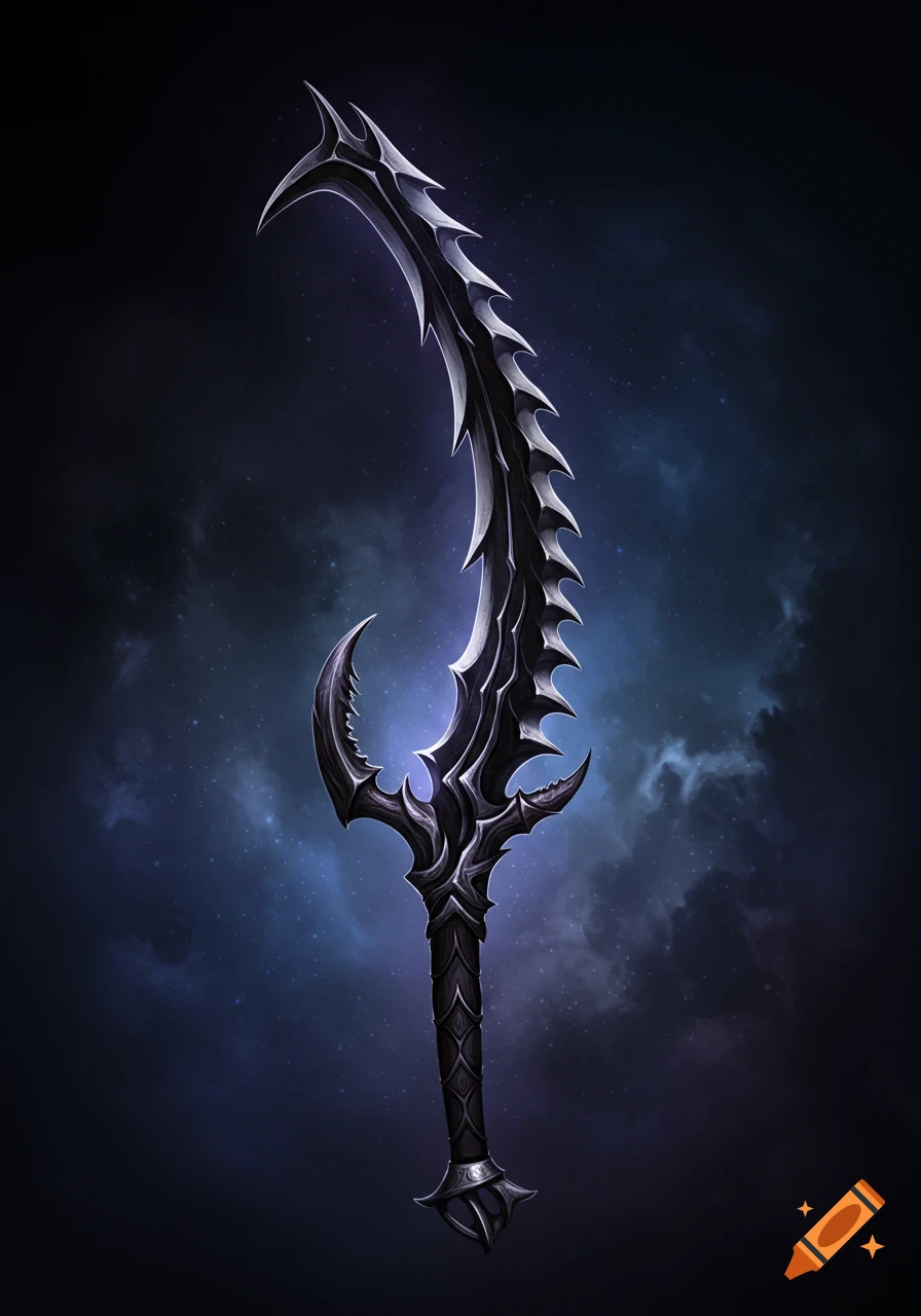 A dark, curved fantasy sword with a spiky blade against a dark, starry background.