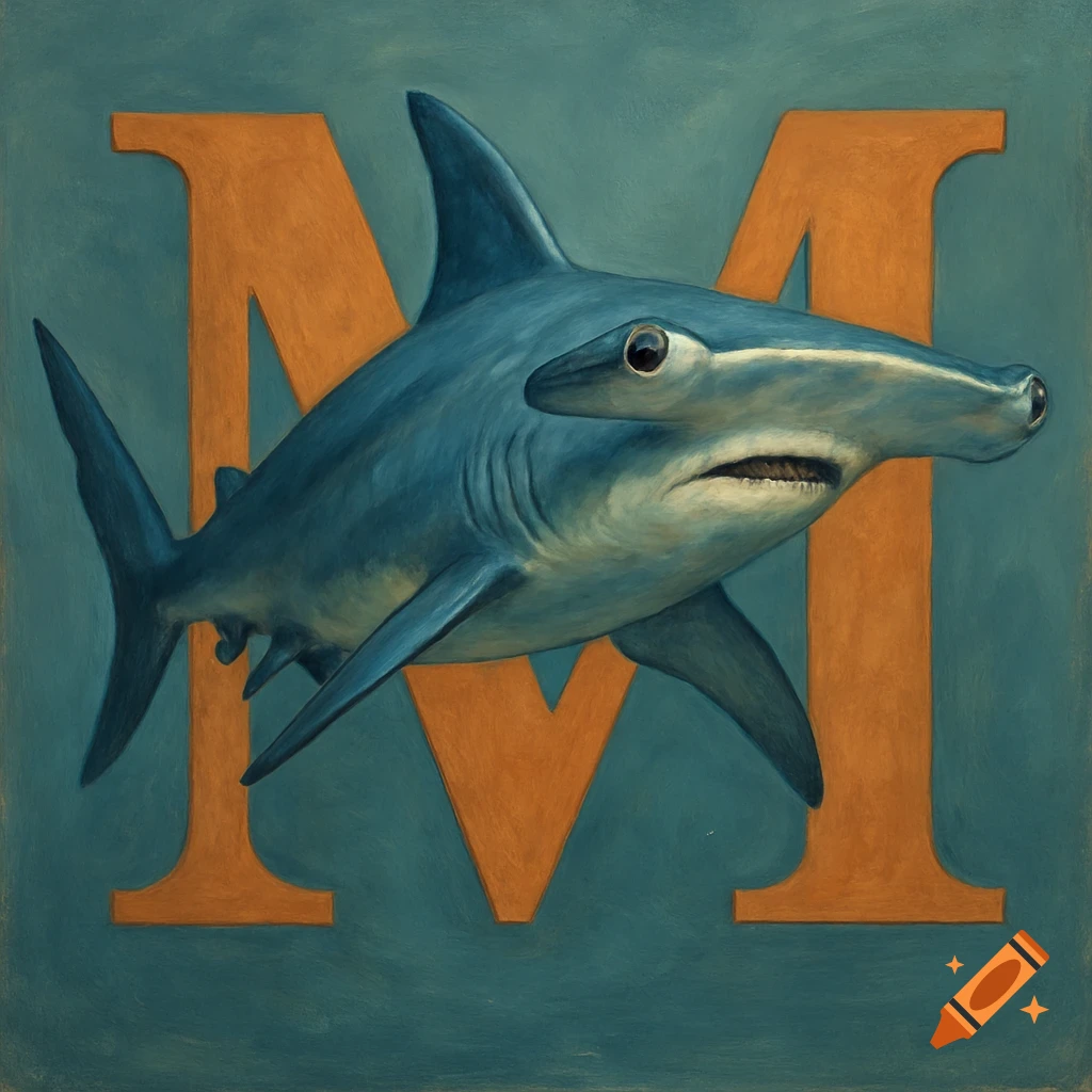 A hammerhead shark over a large orange letter M, in a painterly style.