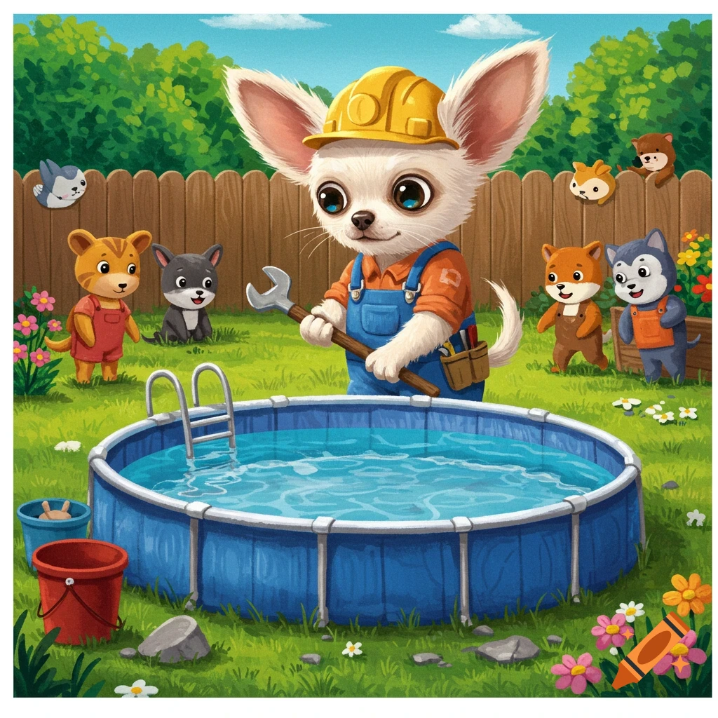 Cartoon chihuahua in hard hat and overalls holds a wrench next to a pool, with other cartoon animals watching in a backyard.