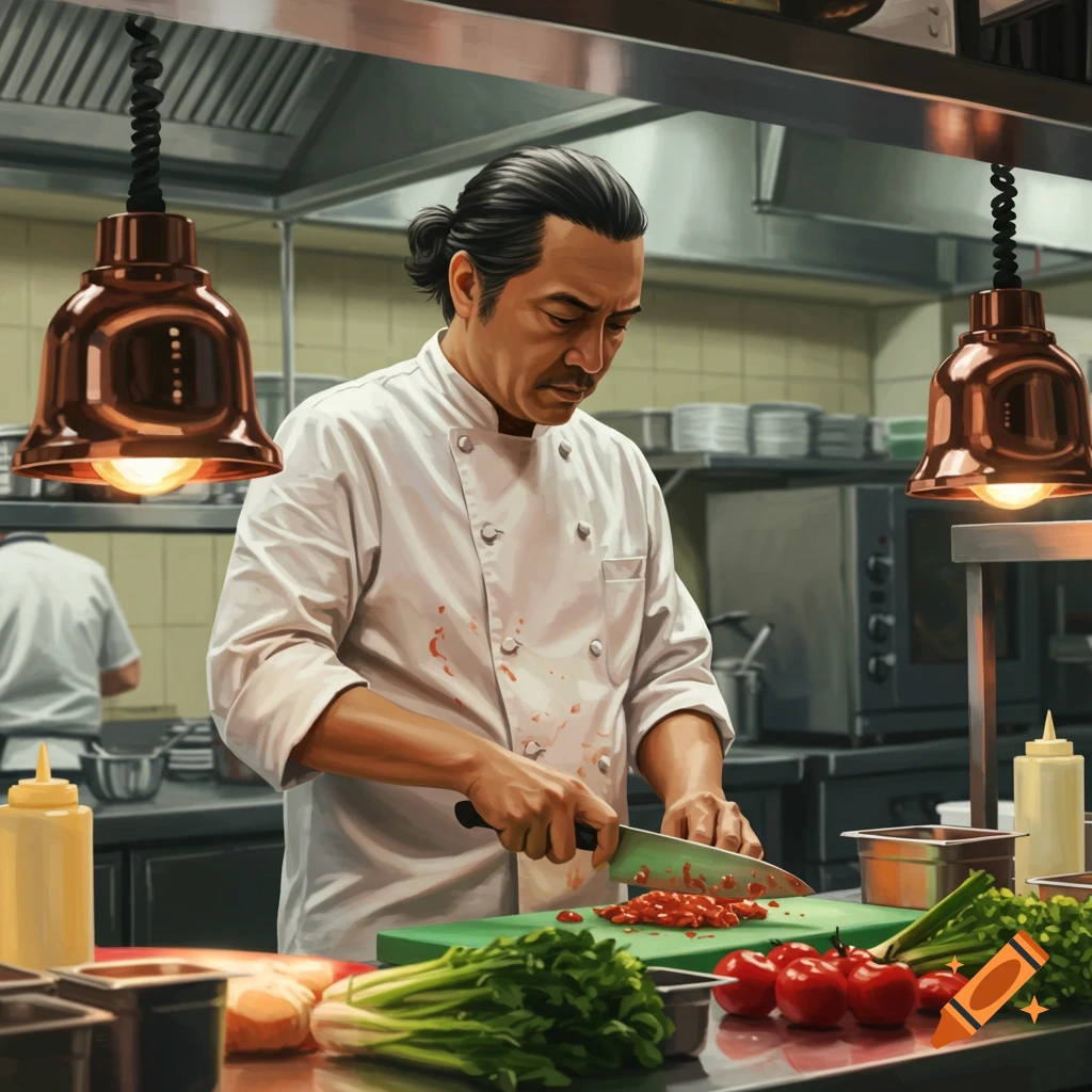 A chef chops vegetables on a cutting board in a bustling kitchen.