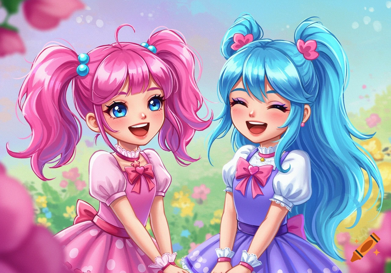 Two cheerful anime girls with pink and blue hair in a flower field.