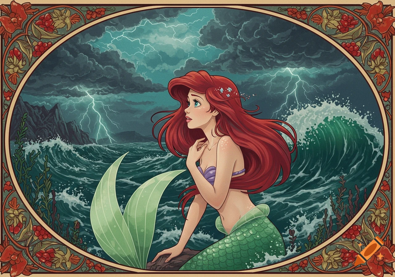 Stylized illustration of a red-haired mermaid in a stormy sea, looking left. Oval frame with red berries and leaves.