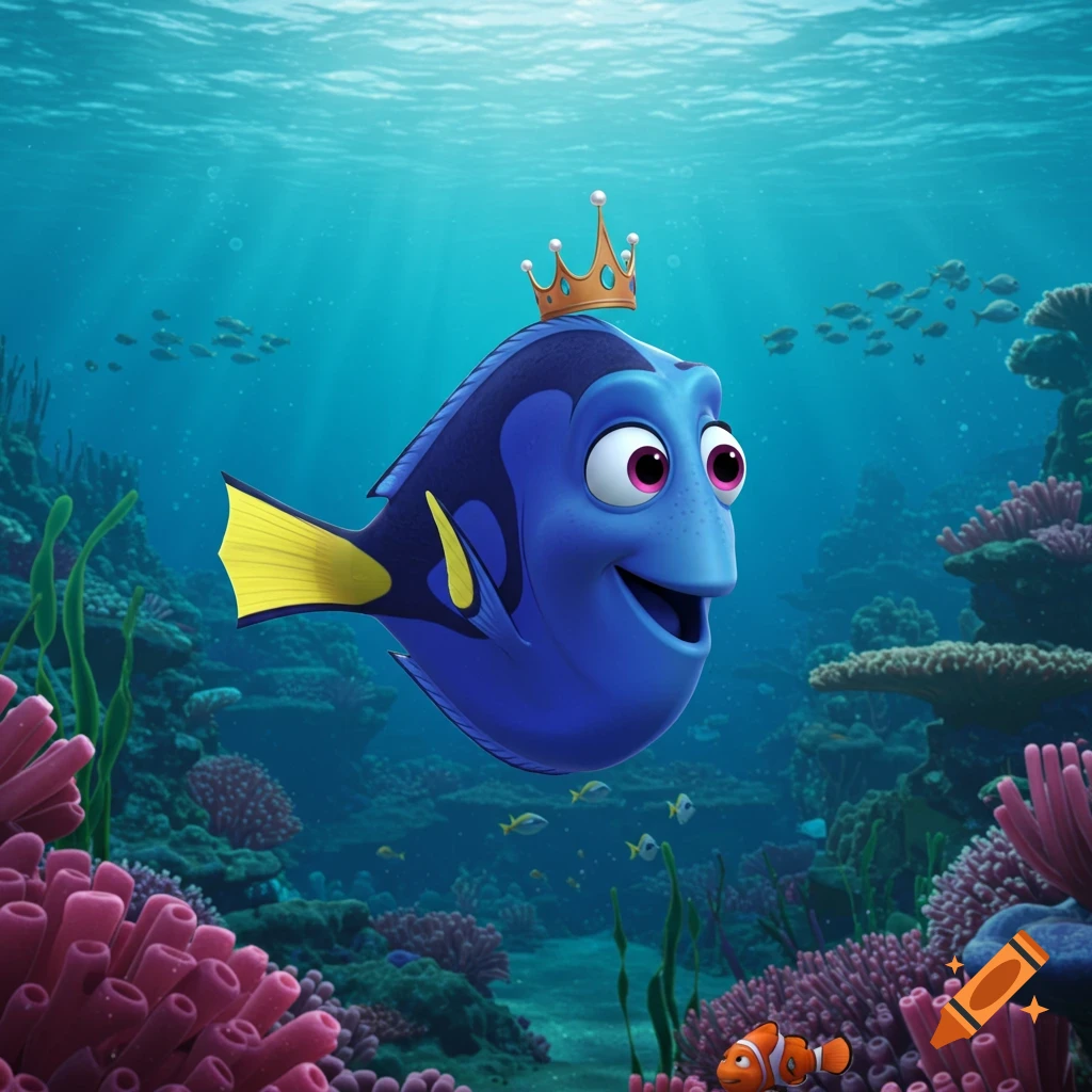 A blue cartoon fish with a crown swims underwater among coral and a clownfish.