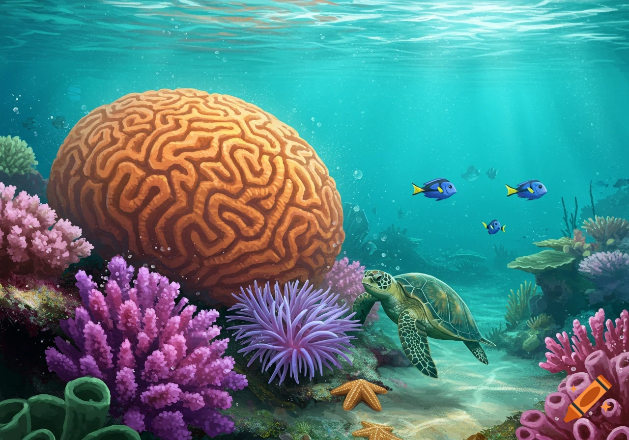 Vibrant underwater illustration with a sea turtle swimming near brain coral and fish