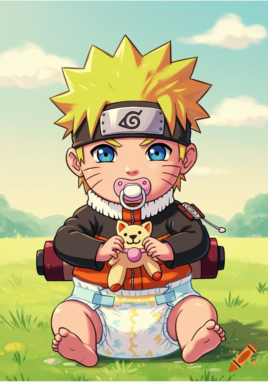 A cute baby Naruto in a diaper sits in a grassy field holding a teddy bear toy. Anime style.