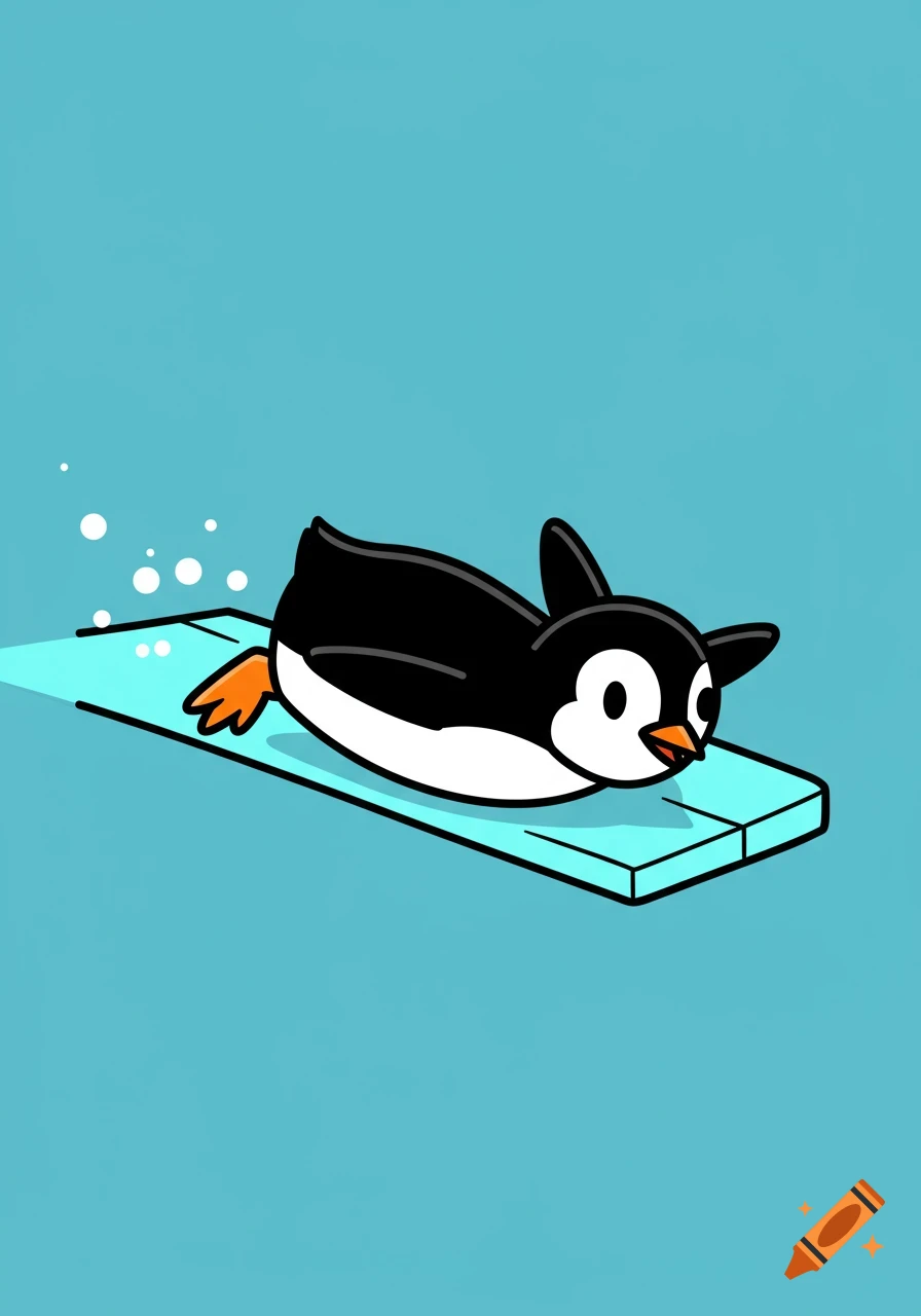 A cute cartoon penguin slides on a block of ice on a blue background.